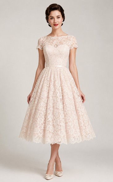 Blush Lace Cap Sleeve A-Line Tea Dress
