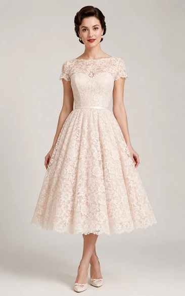 Blush Lace Cap Sleeve A-Line Tea Dress