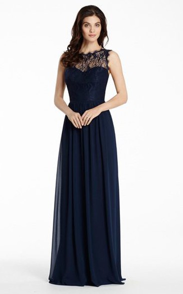 A-Line Pleated Bateau Floor-Length Sleeveless Chiffon&Lace Bridesmaid Dress With Illusion Back