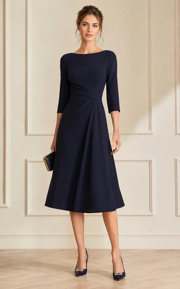Dark Navy Bateau 3/4 Sleeve Tea-Length A-Line Dress