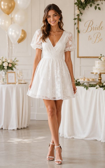 Ivory Short/Mini V-neck Lace A-line Wedding Dress with Lace