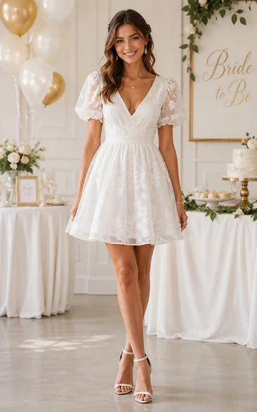 Ivory Short/Mini V-neck Lace A-line Wedding Dress with Lace