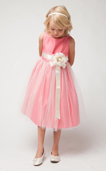 Tea-Length Tiered Tulle&Satin Flower Girl Dress