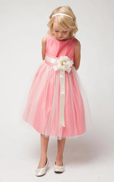 Tea-Length Tiered Tulle&Satin Flower Girl Dress