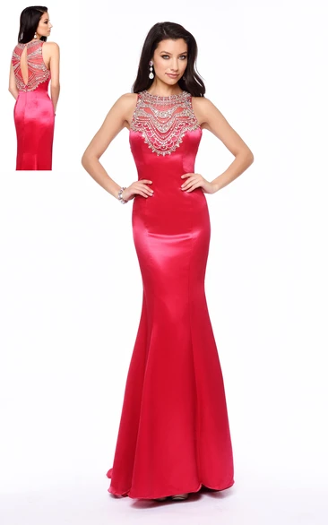 Sheath Long Jewel-Neck Sleeveless Satin Illusion Dress With Beading