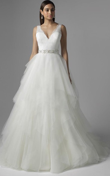 A-Line V-Neck Sleeveless Cascading-Ruffle Long Tulle&Lace Wedding Dress With Waist Jewellery And Deep-V Back