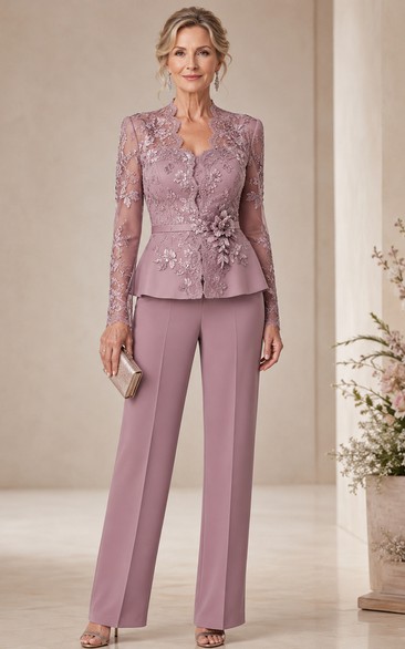 Vintage Mauve Lace Peplum Mother Pantsuit Vintage Mauve Notched V-neck Jumpsuit Ankle-length