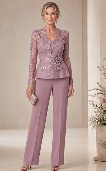 Vintage Mauve Lace Peplum Mother Pantsuit Vintage Mauve Notched V-neck Jumpsuit Ankle-length