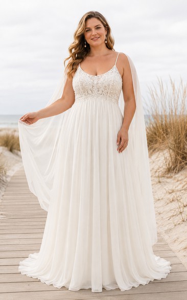 Robe de mariée grande taille ivoire en mousseline de soie à fines bretelles et dos nu, coupe trapèze, dos nu
