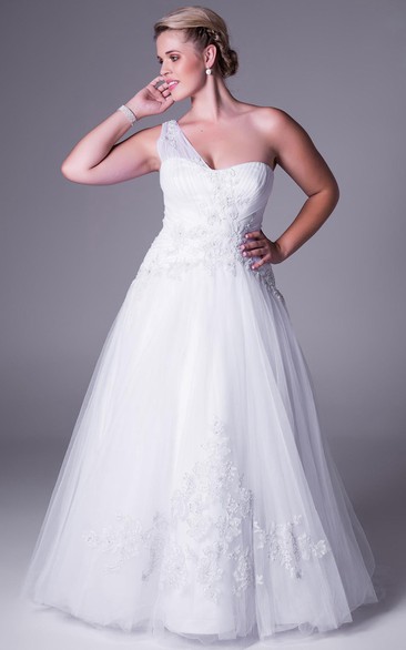 A-Line Maxi One-Shoulder Sleeveless Tulle Plus Size Wedding Dress With Appliques And Zipper