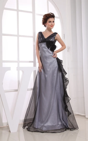 Sleeveless V-Neck A-Line Side Tulle Ruffles Gown With Flowers