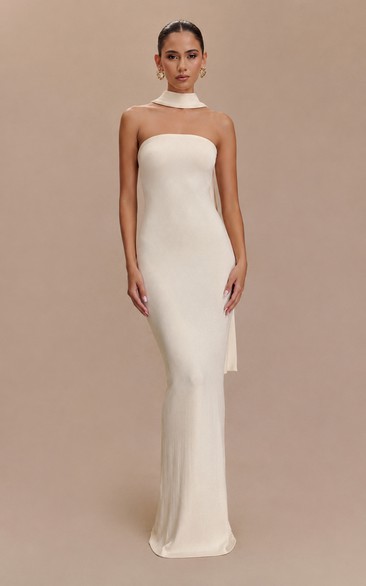 Jersey Evening Dress in Ivory, Strapless Sheath Floor-Length Gown with Cape