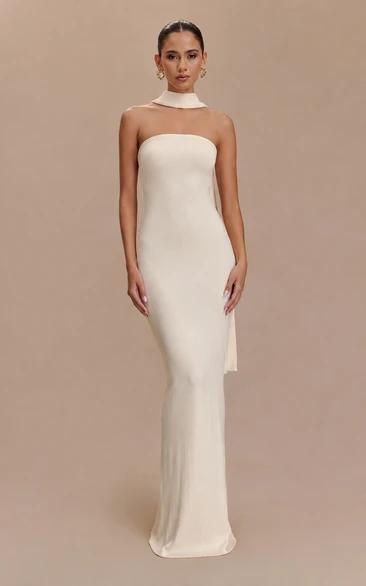 Jersey Evening Dress in Ivory, Strapless Sheath Floor-Length Gown with Cape