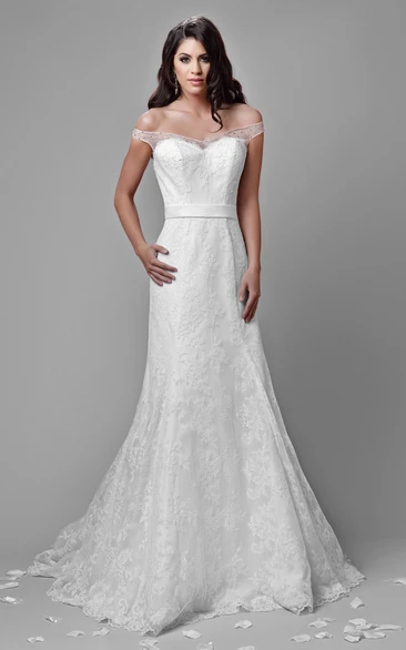 Off-The-Shoulder A-Line Lace Gown With Illusion Back And Sequins