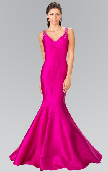 Mermaid Long V-Neck Sleeveless Satin Illusion Dress With Beading