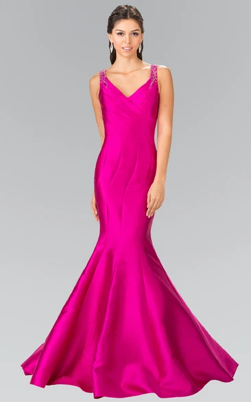 Mermaid Long V-Neck Sleeveless Satin Illusion Dress With Beading