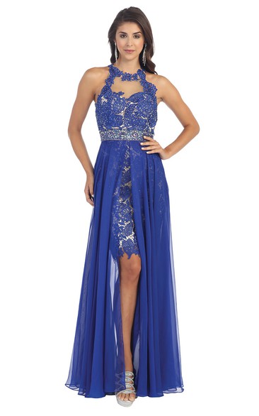 Pencil Long Jewel-Neck Sleeveless Chiffon Illusion Dress With Lace And Pleats