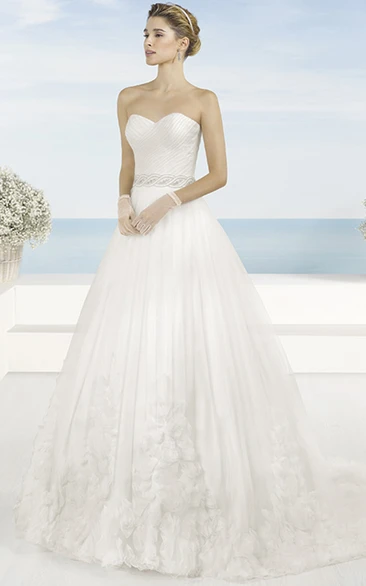 A-Line Floor-Length Sweetheart Jeweled Tulle Wedding Dress With Criss Cross And Flower