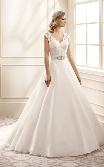 A-Line Cap-Sleeve V-Neck Jeweled Floor-Length Chiffon&Lace Wedding Dress With Appliques And V Back