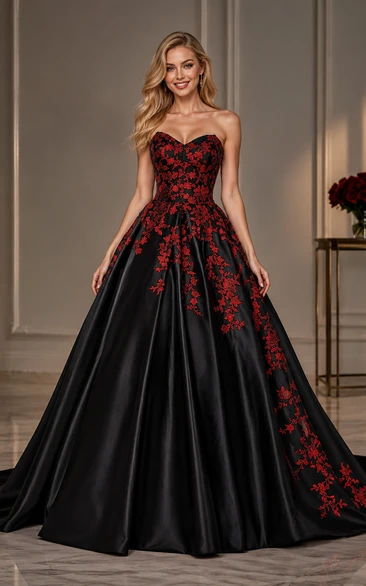 A-Line Floor-Length Sweetheart Appliques Chapel Train Zipper Corset Back Lace Satin Dress