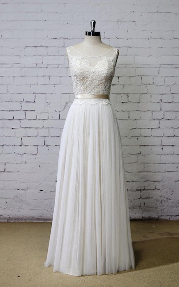 Scoop Neck A-Line Tulle and Lace Vow Renewal Dress With Pleats and Satin Sash