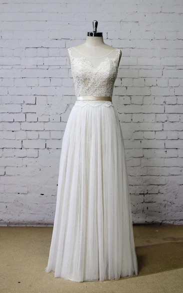 Scoop Neck A-Line Tulle and Lace Vow Renewal Dress With Pleats and Satin Sash