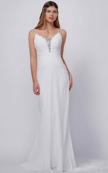 Sheath Maxi Spaghetti Ruched Sleeveless Chiffon Wedding Dress With Beading