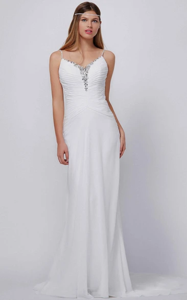 Sheath Maxi Spaghetti Ruched Sleeveless Chiffon Wedding Dress With Beading