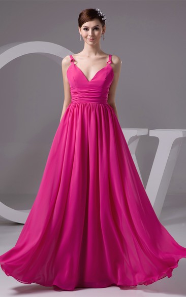 Strapped Chiffon Floor-Length Plunged Gown With Pleats