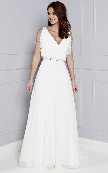 V-Neck Sleeveless Draped Maxi Chiffon Wedding Dress With Beading And V Back