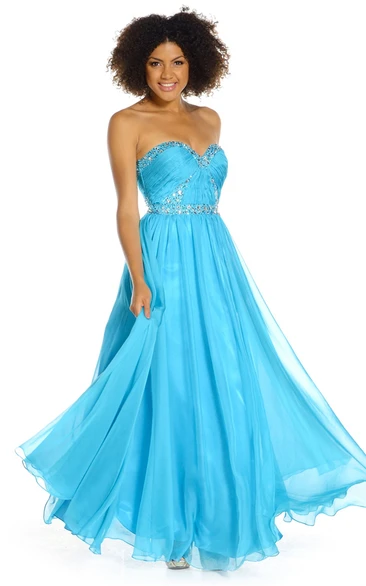 A-Line Sweetheart Ruched Long Sleeveless Prom Dress With Beading And Pleats