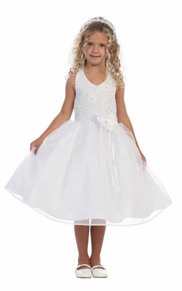 Floral Tea-Length Beaded Lace&Organza Flower Girl Dress