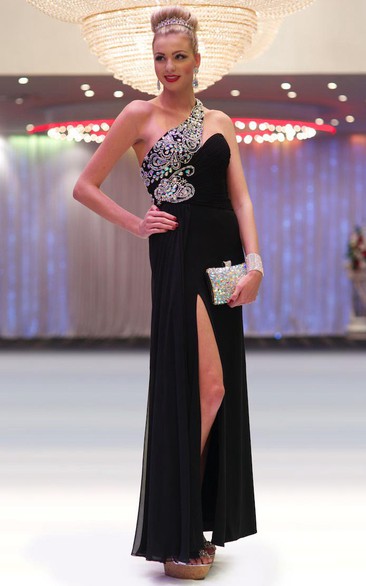 Sheath Sleeveless One-Shoulder Maxi Beaded Chiffon Prom Dress With Ruching And Split Front