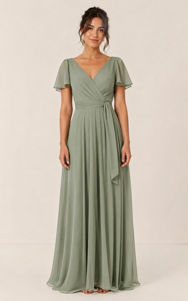 Sage Chiffon V-neck A-Line Bridesmaid Dress