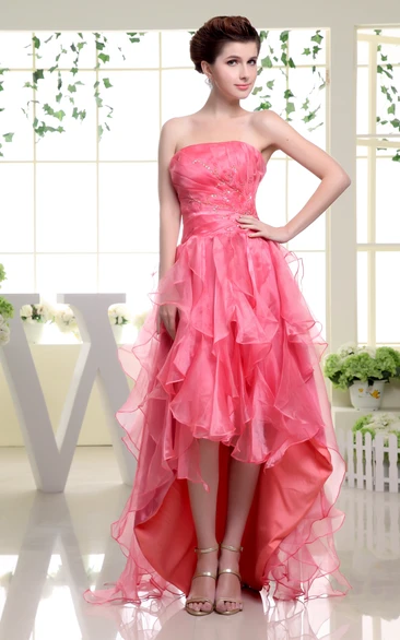 Strapless High-Low Organza Dress With Cascading Ruffles