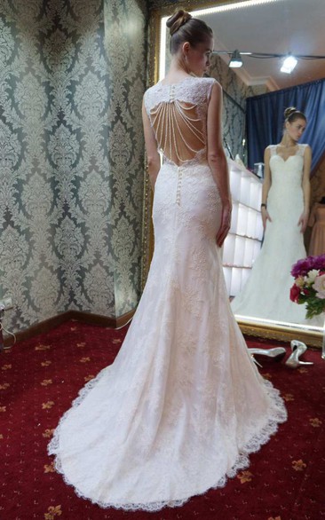 Sleeveless Lace A-Line Mermaid Wedding Dress With Beaded Keyhole Back