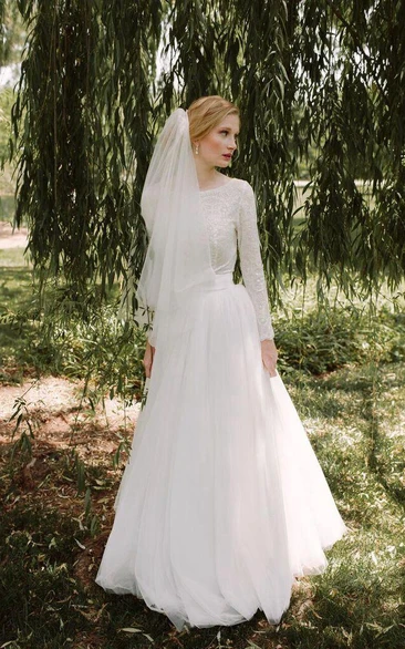 Scoop Long Sleeve Tulle Bridal Dress With Sequin Lace Top