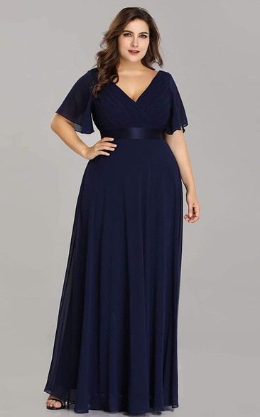 Romantic Chiffon V-neck Half Sleeve A Line Formal Dress With Criss ...