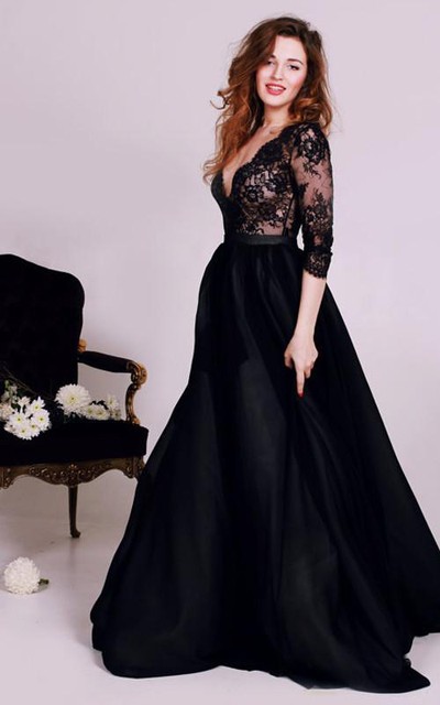 Sexy Black Lace Appliques V-neck 2016 Evening Dress 3-4