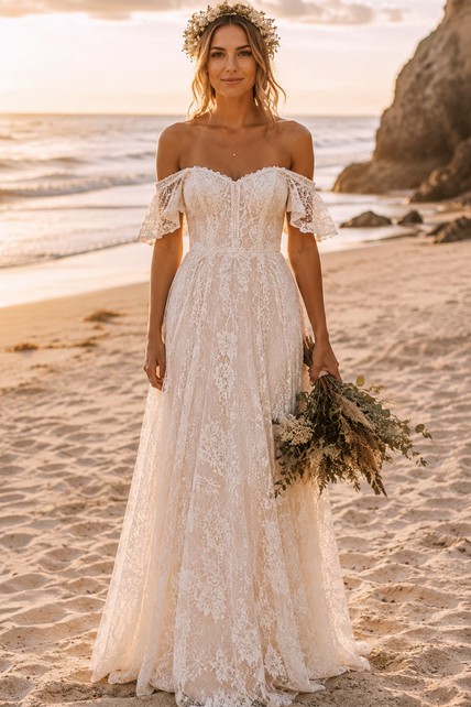 Boho Beach Summer A-Line Wedding Dress Off Shoulder Sweetheart Tulle Lace Floor Length Sweep Train Ivory | Dorris Wedding Boho Beach Summer A-Line Wedding Dress Off Shoulder Sweetheart Tulle Lace Floor Length Sweep Train Ivory | Dorris Wedding