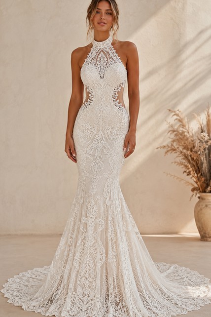 Boho Sheath Wedding Dress Halter Lace Backless Floor Length Chapel Train  Ivory | Dorris Wedding