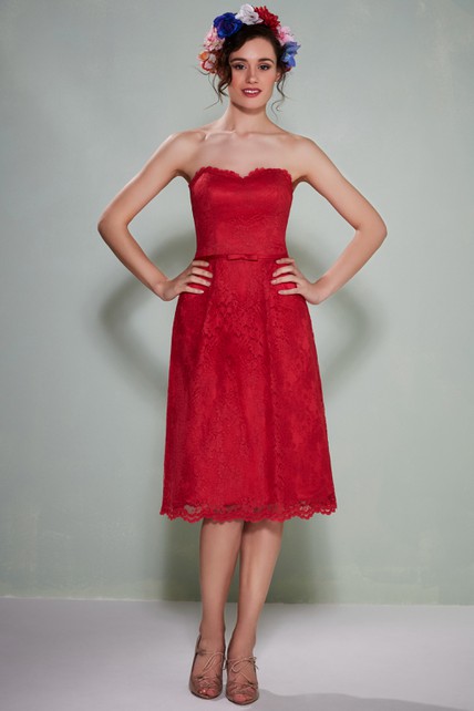 Tea-Length Strapless Lace Bridesmaid Dress | Dorris Wedding