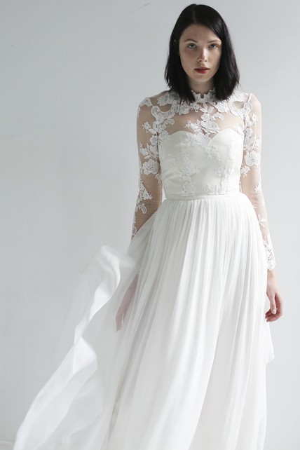 white christmas dresses Elegant Illusion Long Sleeve High Neck A-Line Wedding Dress with Pearl EU34 main image 0