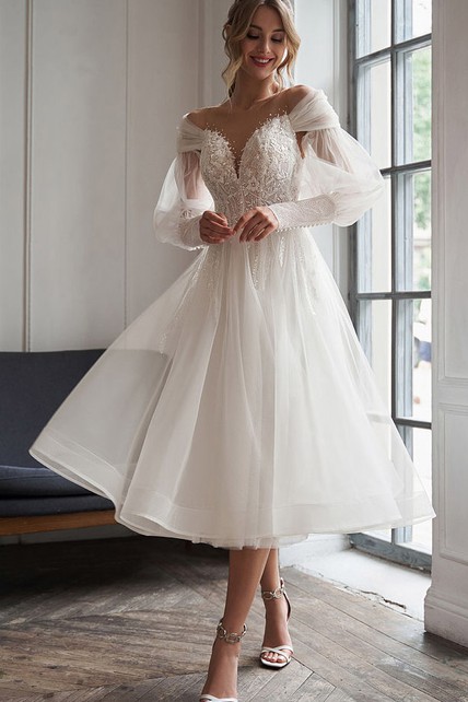 Tea Length Elopement Wedding Dress Short 1950 Vintage Bridal