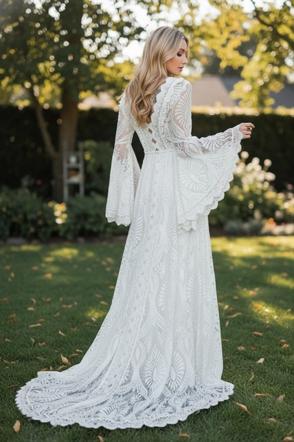 Crochet Lace Mini Dress White Lace Bell Sleeve Dress Boho Bell Sleeve Lace  Vintage Wedding Dress With Train Dorris Wedding