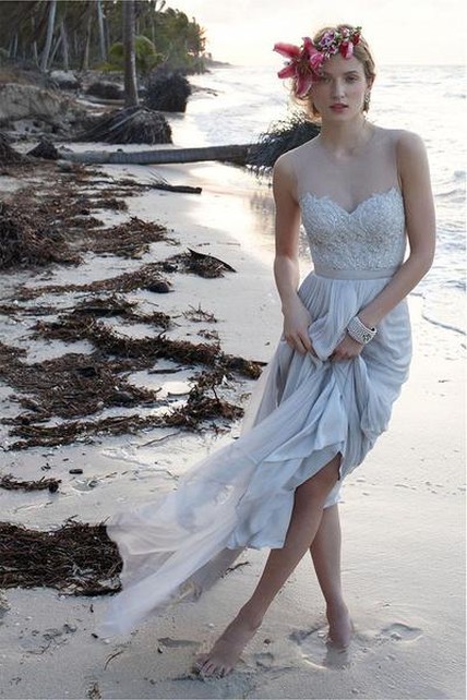lace illusion back chiffon wedding dress Straps Plunging Pleated Chiffon Long Train Wedding Dress Light Ivory / No / Court Train