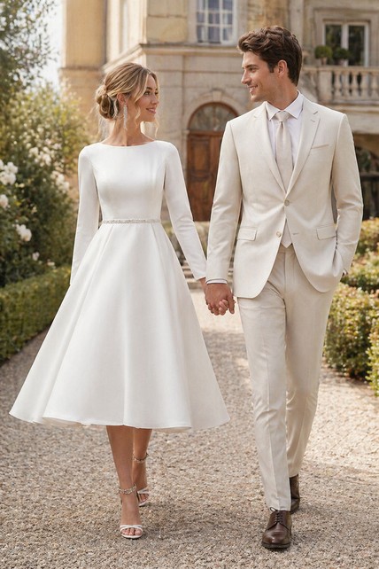 Bateau-neck Satin Long Sleeve Modest A-line Tea-length  display picture 1