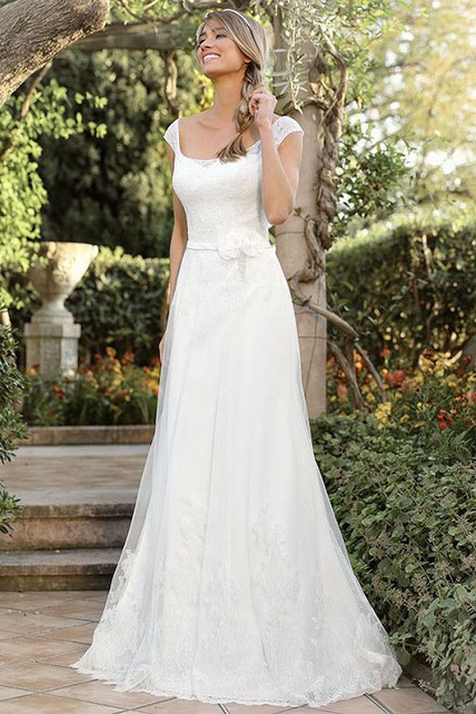 A-Line Cap-Sleeve Square-Neck Lace Simple Wedding Dress - Dorris Wedding