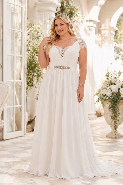 A-Line Floor-Length V-Neck Short Sleeve Chiffon Sweep Train Illusion Lace  Vow Renewal Dress | Dorris Wedding