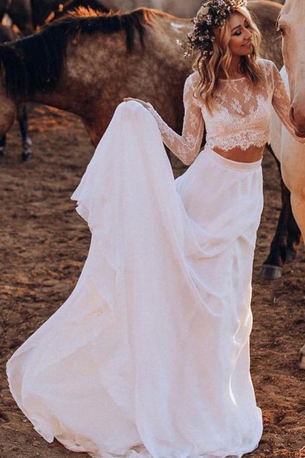 beach boho two piece wedding dress Beach Wedding Dresses Two Piece Lace Crop – Lisposa main image 0
